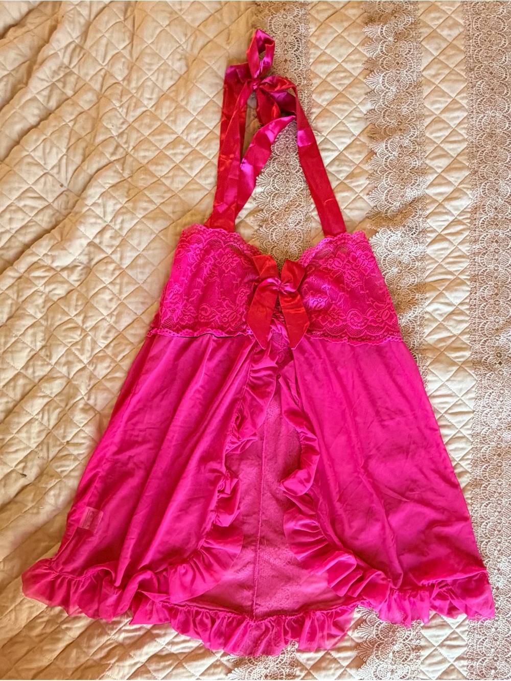 Lace-Trim Halter Chemise in Hot Pink